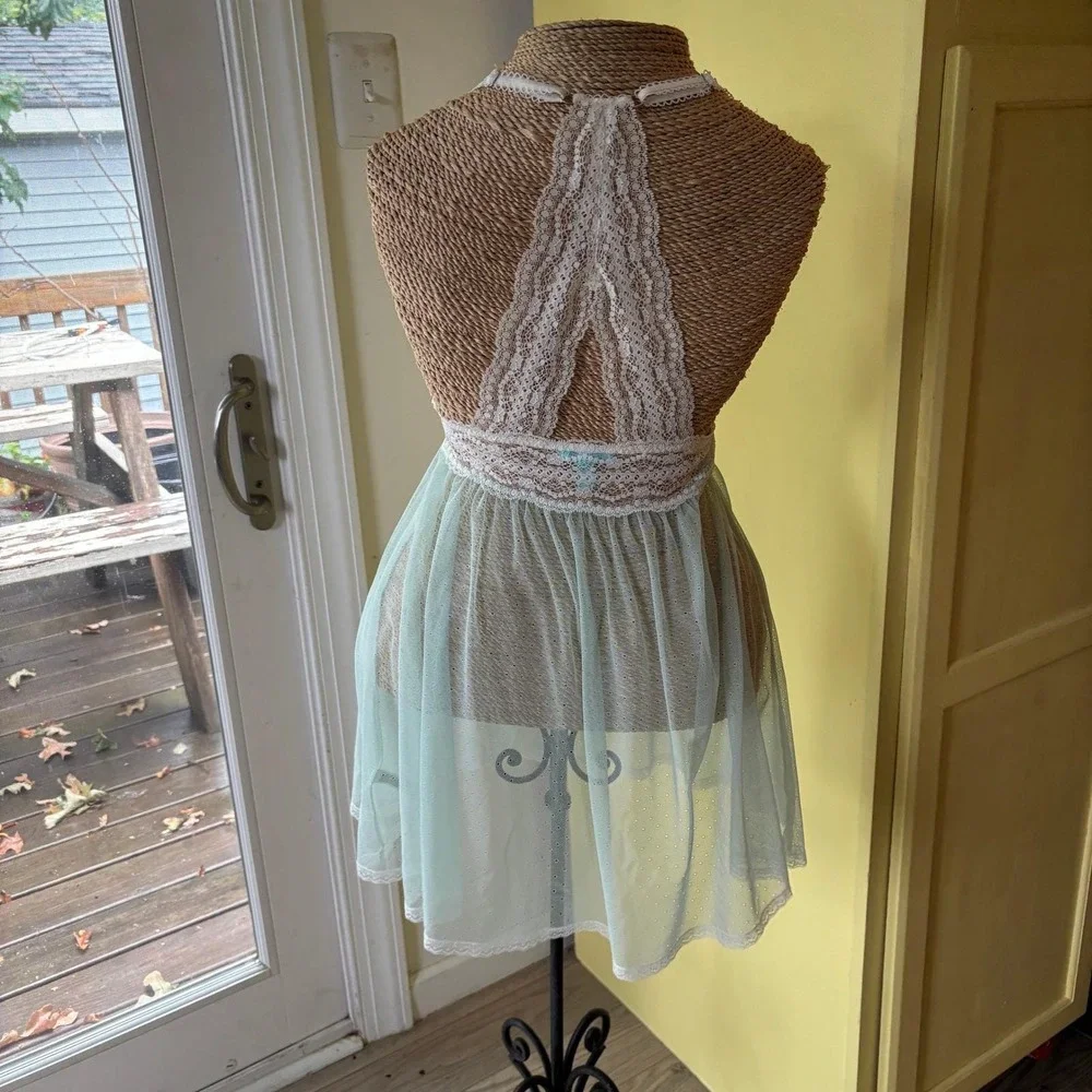 Betsey Johnson Aqua Blue Babydoll Lingerie Lace Trim Ruffle Halter Y2K - Picture 4 of 12